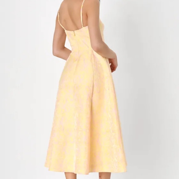 Lulus Meet for Tea Yellow Jacquard Bustier Midi Dress With Pockets - Picture 4 of 7